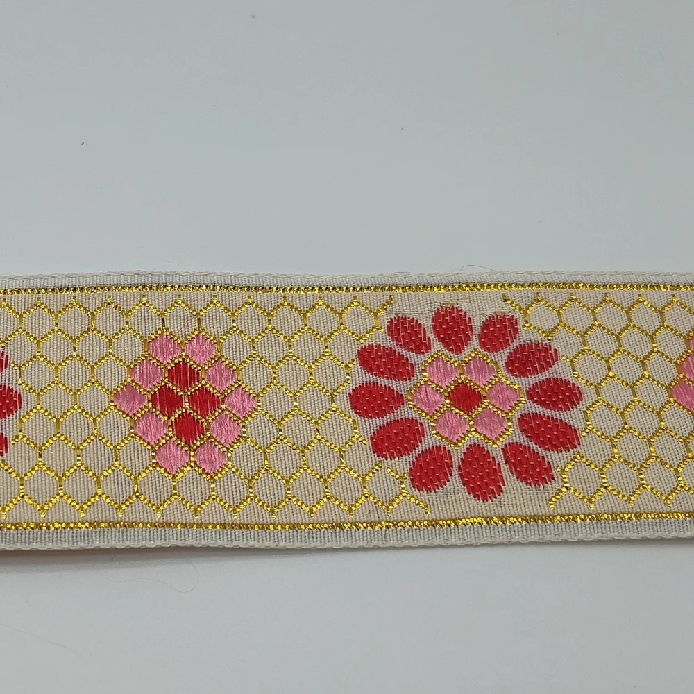 Metallic Jacquard Floral Ribbon Ivory Gold Pink Red Two (2) Yards 1.5”